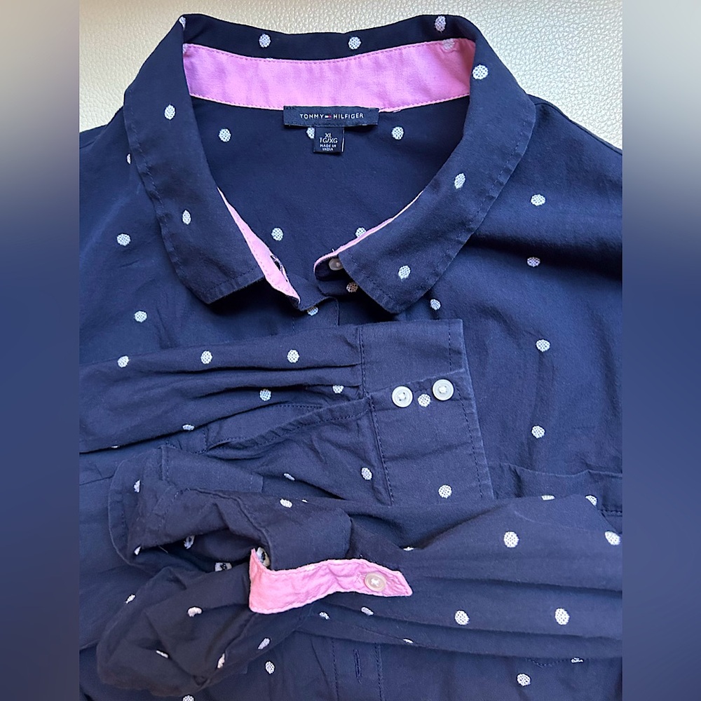 EUC Tommy Hilfiger blue white dots button down long sleeve cotton shirt Sz XL
